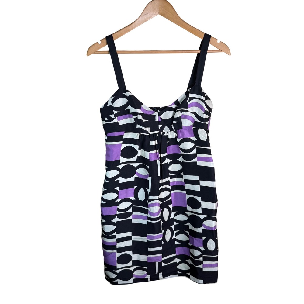 Milly Geometric Mod Silk Mini Dress Womens 4 Purple Black White Sleeveless Retro